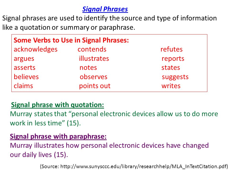Signal Phrases Signal phrases are used to identify the source and type of information like a quotation or summary or paraphrase.