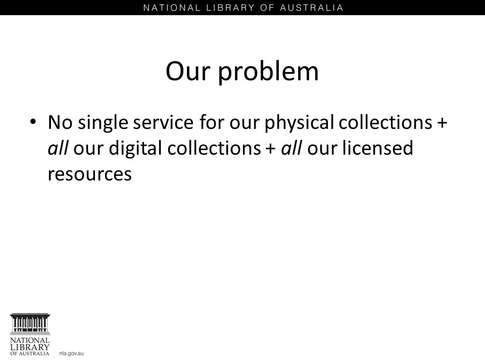 Our problem No single service for our physical collections + all our digital collections + all our licensed resources