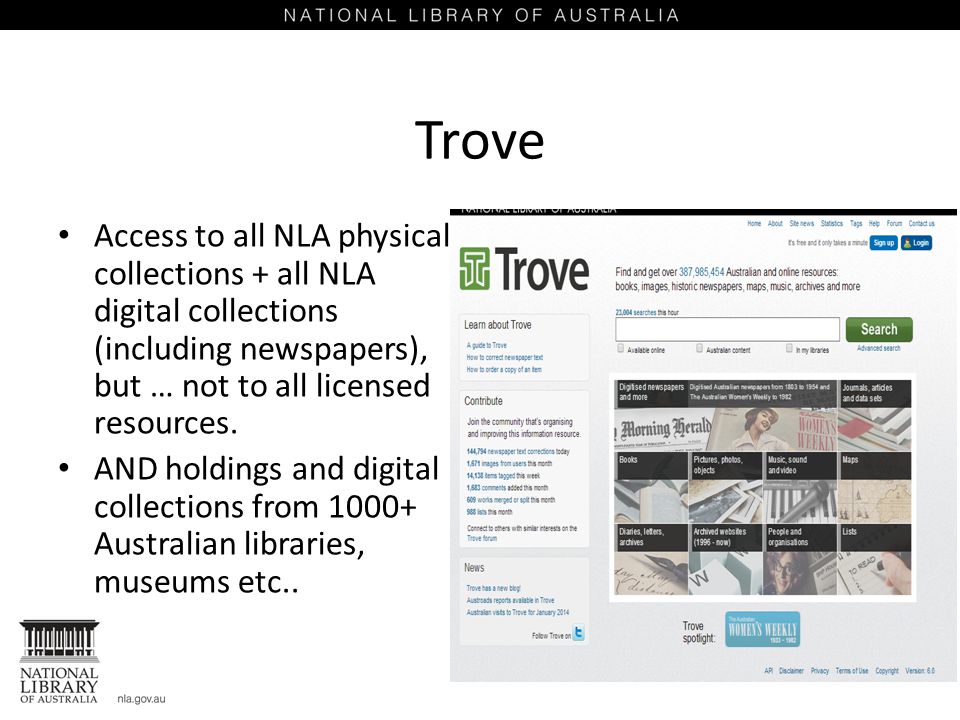 Trove Access to all NLA physical collections + all NLA digital collections (including newspapers), but … not to all licensed resources.