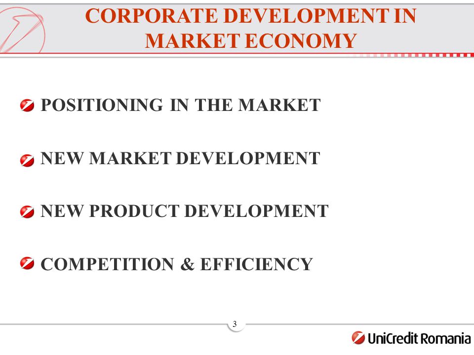 3 POSITIONING IN THE MARKET NEW MARKET DEVELOPMENT NEW PRODUCT DEVELOPMENT COMPETITION & EFFICIENCY CORPORATE DEVELOPMENT IN MARKET ECONOMY