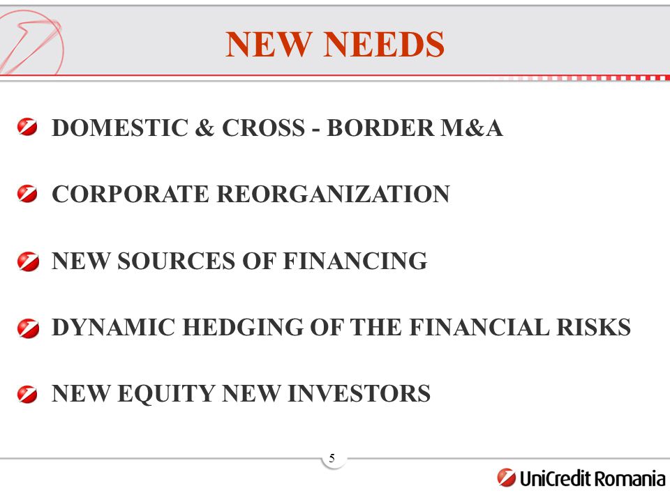5 DOMESTIC & CROSS - BORDER M&A CORPORATE REORGANIZATION NEW SOURCES OF FINANCING DYNAMIC HEDGING OF THE FINANCIAL RISKS NEW EQUITY NEW INVESTORS NEW NEEDS