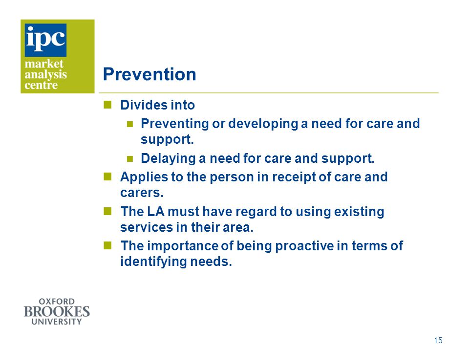 Prevention Divides into Preventing or developing a need for care and support.