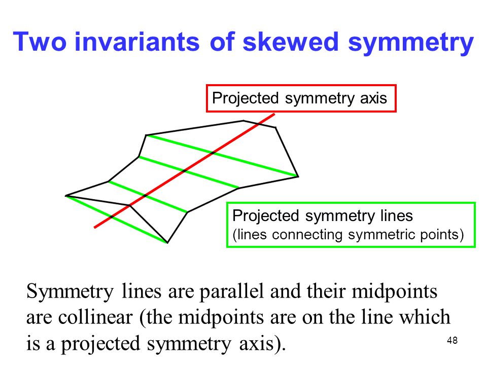 48 Two invariants of skewed symmetry Projected symmetry axis Projected symmetry lines (lines connecting symmetric points) Symmetry lines are parallel and their midpoints are collinear (the midpoints are on the line which is a projected symmetry axis).