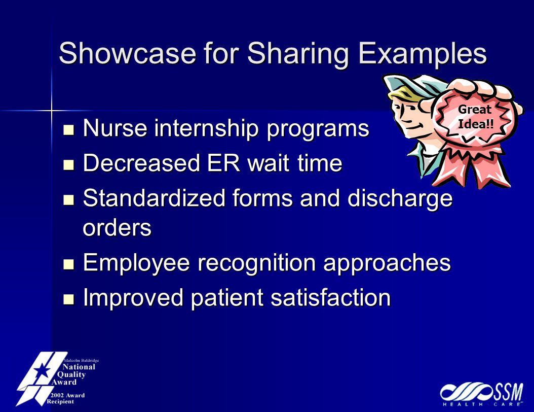 Showcase for Sharing Examples Nurse internship programs Nurse internship programs Decreased ER wait time Decreased ER wait time Standardized forms and discharge orders Standardized forms and discharge orders Employee recognition approaches Employee recognition approaches Improved patient satisfaction Improved patient satisfaction Great Idea!!