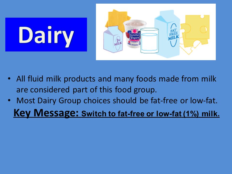 All fluid milk products and many foods made from milk are considered part of this food group.