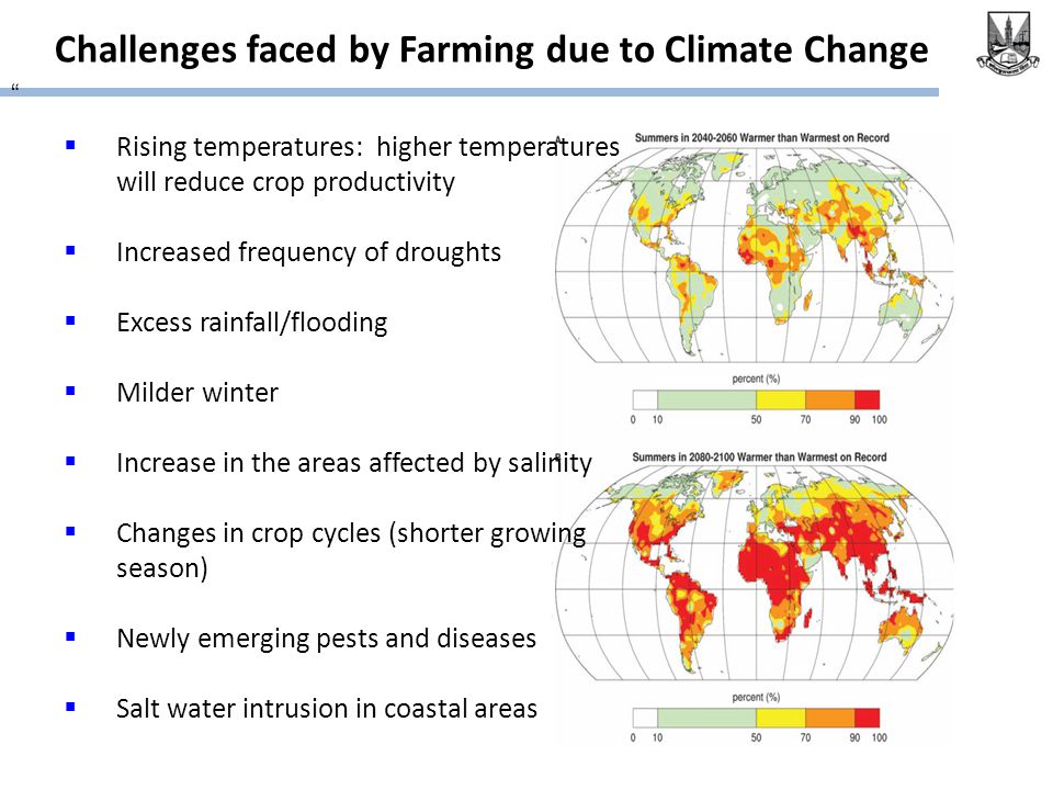 Challenges faced by Farming due to Climate Change  Rising temperatures: higher temperatures will reduce crop productivity  Increased frequency of droughts  Excess rainfall/flooding  Milder winter  Increase in the areas affected by salinity  Changes in crop cycles (shorter growing season)  Newly emerging pests and diseases  Salt water intrusion in coastal areas