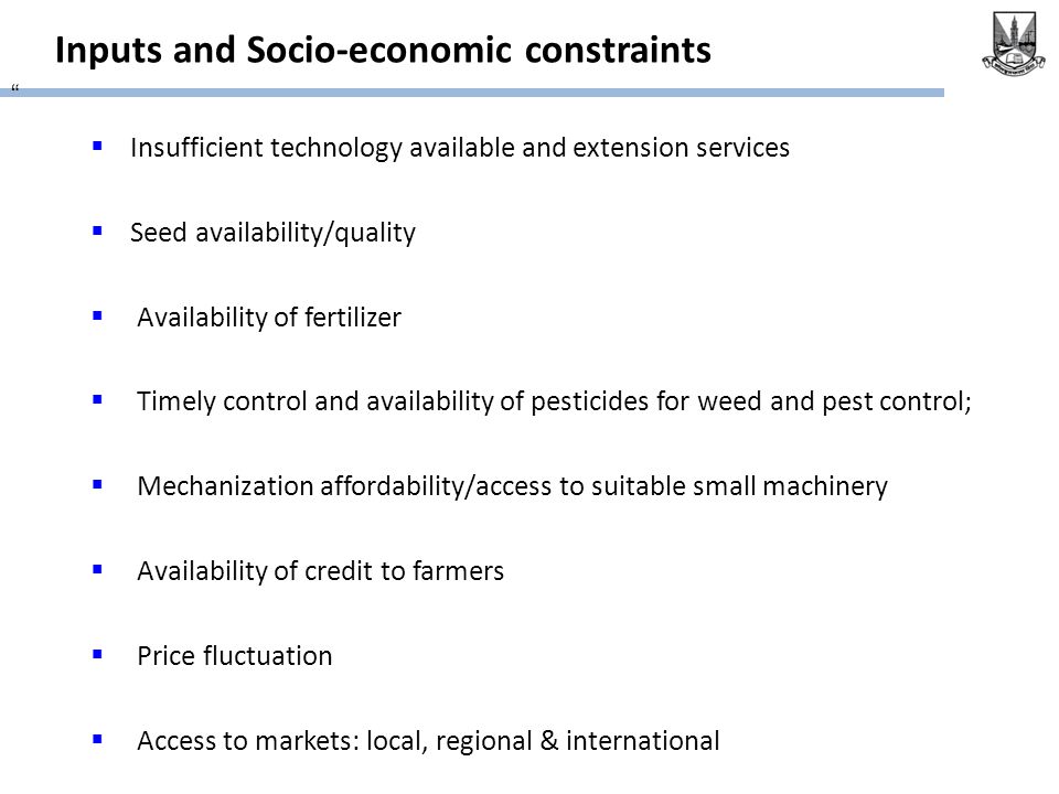 Inputs and Socio-economic constraints  Insufficient technology available and extension services  Seed availability/quality  Availability of fertilizer  Timely control and availability of pesticides for weed and pest control;  Mechanization affordability/access to suitable small machinery  Availability of credit to farmers  Price fluctuation  Access to markets: local, regional & international