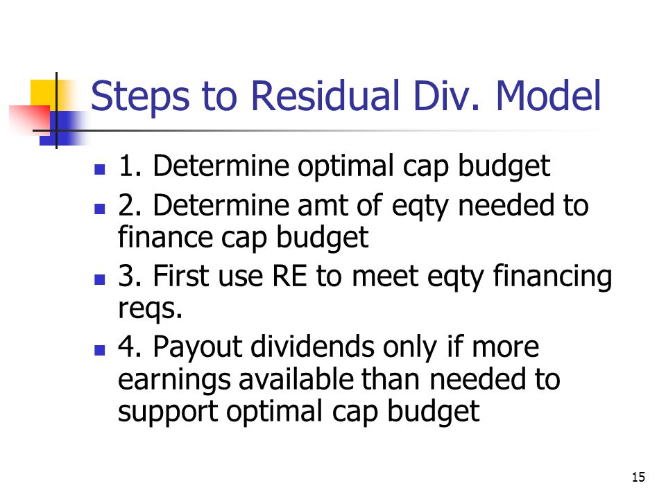 15 Steps to Residual Div. Model 1. Determine optimal cap budget 2.