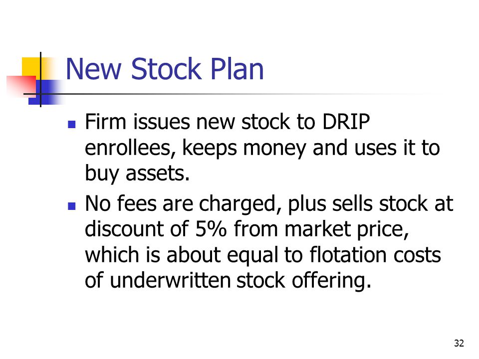 32 New Stock Plan Firm issues new stock to DRIP enrollees, keeps money and uses it to buy assets.