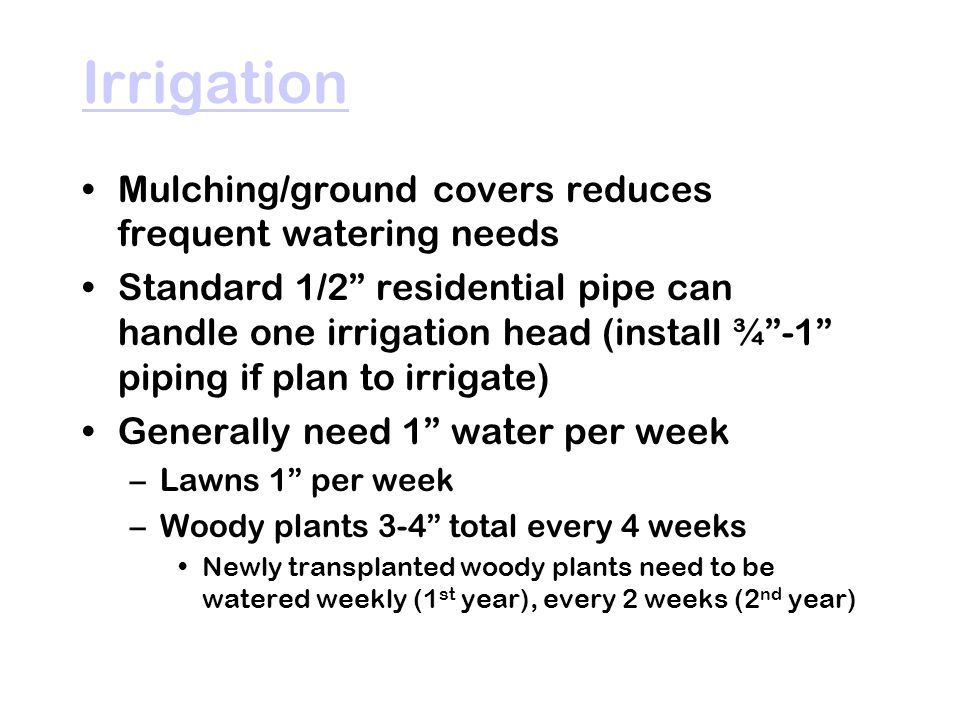 Irrigation Mulching/ground covers reduces frequent watering needs Standard 1/2 residential pipe can handle one irrigation head (install ¾ -1 piping if plan to irrigate) Generally need 1 water per week –Lawns 1 per week –Woody plants 3-4 total every 4 weeks Newly transplanted woody plants need to be watered weekly (1 st year), every 2 weeks (2 nd year)
