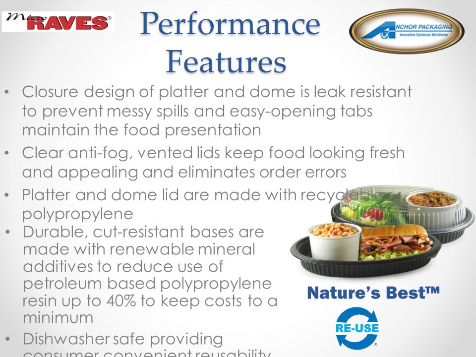 Performance Features Performance Features Closure design of platter and dome is leak resistant to prevent messy spills and easy-opening tabs maintain the food presentation Clear anti-fog, vented lids keep food looking fresh and appealing and eliminates order errors Platter and dome lid are made with recyclable polypropylene Durable, cut-resistant bases are made with renewable mineral additives to reduce use of petroleum based polypropylene resin up to 40% to keep costs to a minimum Dishwasher safe providing consumer convenient reusability Nature’s Best™