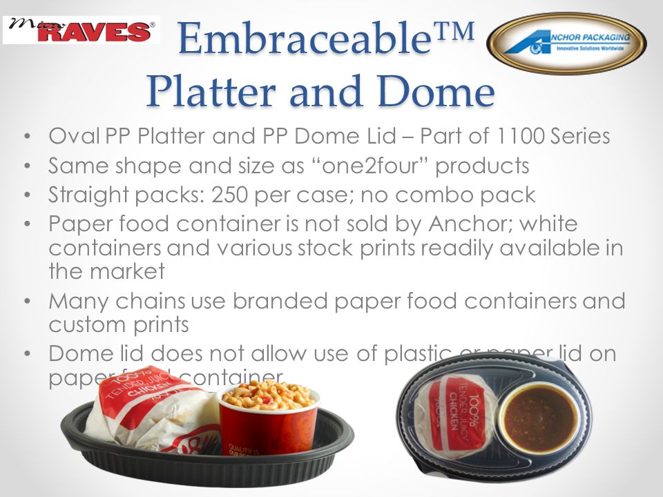 Embraceable™ Platter and Dome Embraceable™ Platter and Dome Oval PP Platter and PP Dome Lid – Part of 1100 Series Same shape and size as one2four products Straight packs: 250 per case; no combo pack Paper food container is not sold by Anchor; white containers and various stock prints readily available in the market Many chains use branded paper food containers and custom prints Dome lid does not allow use of plastic or paper lid on paper food container