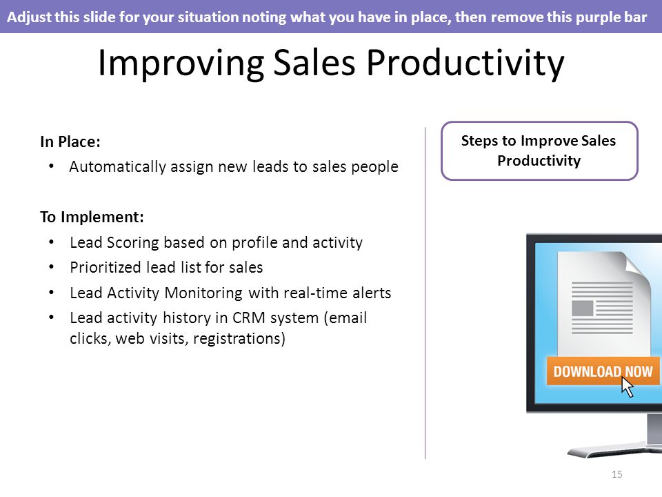 Improving Sales Productivity In Place: Automatically assign new leads to sales people To Implement: Lead Scoring based on profile and activity Prioritized lead list for sales Lead Activity Monitoring with real-time alerts Lead activity history in CRM system ( clicks, web visits, registrations) Adjust this slide for your situation noting what you have in place, then remove this purple bar 15 Steps to Improve Sales Productivity