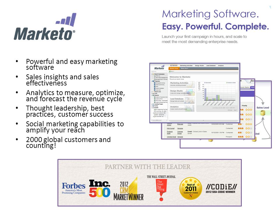 Powerful and easy marketing software Sales insights and sales effectiveness Analytics to measure, optimize, and forecast the revenue cycle Thought leadership, best practices, customer success Social marketing capabilities to amplify your reach 2000 global customers and counting!