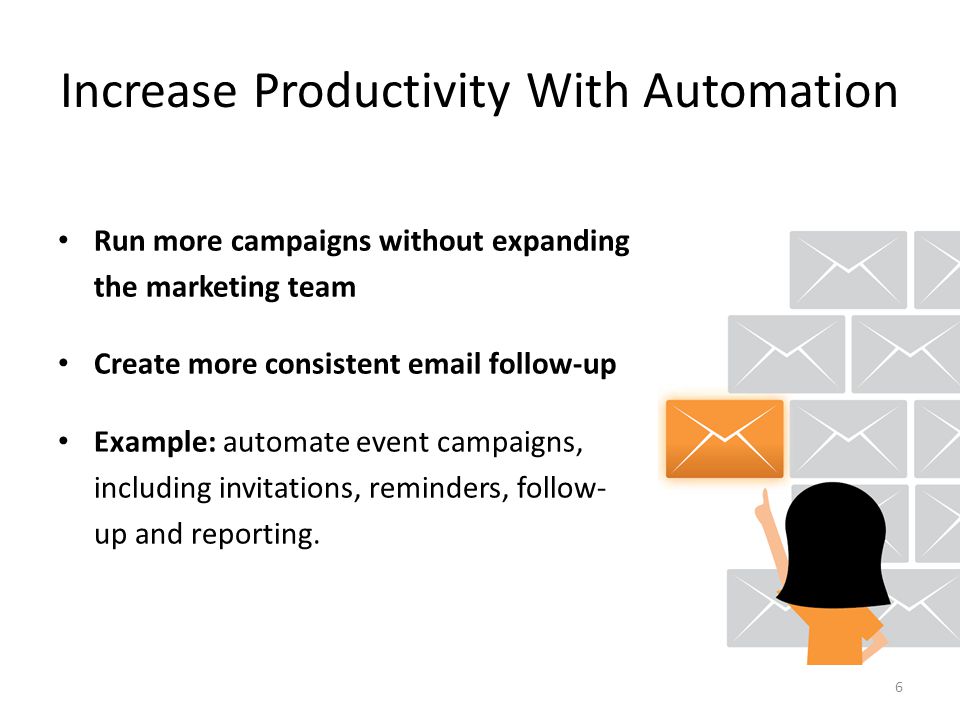 Increase Productivity With Automation Run more campaigns without expanding the marketing team Create more consistent  follow-up Example: automate event campaigns, including invitations, reminders, follow- up and reporting.