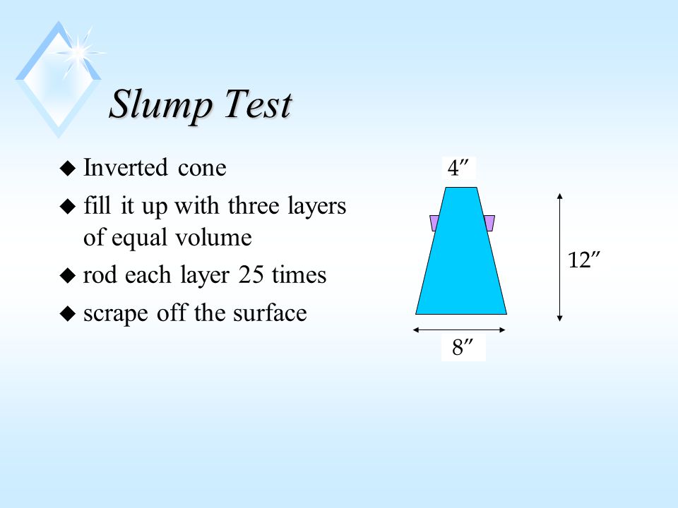 Slump Test u Inverted cone u fill it up with three layers of equal volume u rod each layer 25 times u scrape off the surface