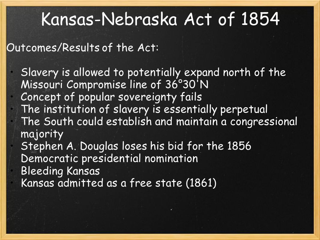 Kansas-Nebraska Act of 1854 Outcomes/Results of the Act: Slavery is allowed to potentially expand north of the Missouri Compromise line of 36°30 N Concept of popular sovereignty fails The institution of slavery is essentially perpetual The South could establish and maintain a congressional majority Stephen A.