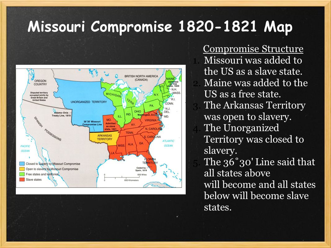 Missouri Compromise Map Compromise Structure 1.Missouri was added to the US as a slave state.