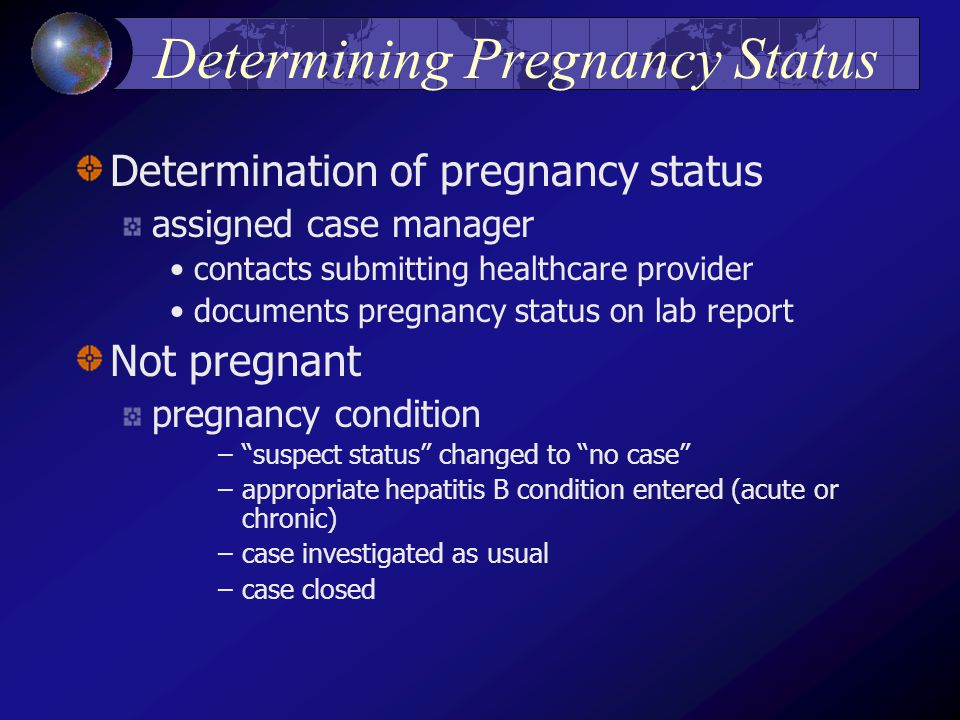 Determining Pregnancy Status Determination of pregnancy status assigned case manager contacts submitting healthcare provider documents pregnancy status on lab report Not pregnant pregnancy condition – suspect status changed to no case –appropriate hepatitis B condition entered (acute or chronic) –case investigated as usual –case closed