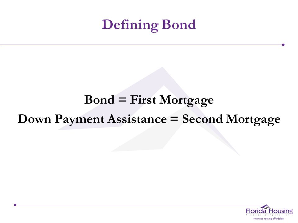 Defining Bond Bond = First Mortgage Down Payment Assistance = Second Mortgage