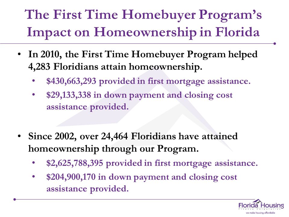 The First Time Homebuyer Program’s Impact on Homeownership in Florida In 2010, the First Time Homebuyer Program helped 4,283 Floridians attain homeownership.