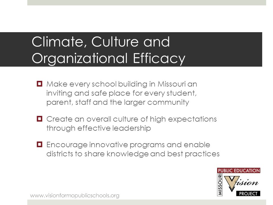 Climate, Culture and Organizational Efficacy    Make every school building in Missouri an inviting and safe place for every student, parent, staff and the larger community  Create an overall culture of high expectations through effective leadership  Encourage innovative programs and enable districts to share knowledge and best practices