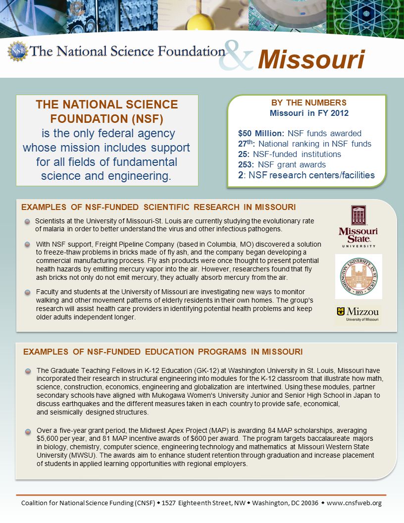 Ff BY THE NUMBERS Missouri in FY 2012 $50 Million: NSF funds awarded 27 th : National ranking in NSF funds 25: NSF-funded institutions 253: NSF grant awards 2: NSF research centers/facilities EXAMPLES OF NSF-FUNDED SCIENTIFIC RESEARCH IN MISSOURI EXAMPLES OF NSF-FUNDED EDUCATION PROGRAMS IN MISSOURI Coalition for National Science Funding (CNSF)  1527 Eighteenth Street, NW  Washington, DC    Missouri The Graduate Teaching Fellows in K-12 Education (GK-12) at Washington University in St.