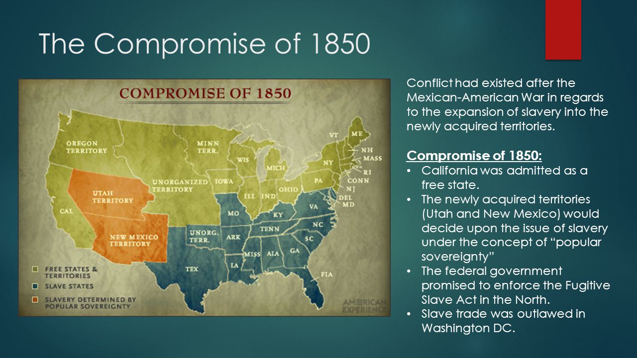 The Compromise of 1850 Conflict had existed after the Mexican-American War in regards to the expansion of slavery into the newly acquired territories.