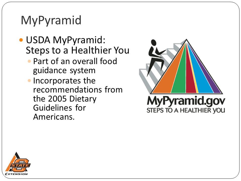 MyPyramid USDA MyPyramid: Steps to a Healthier You Part of an overall food guidance system Incorporates the recommendations from the 2005 Dietary Guidelines for Americans.