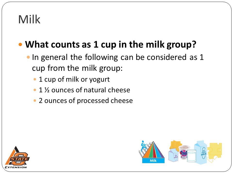 Milk What counts as 1 cup in the milk group.