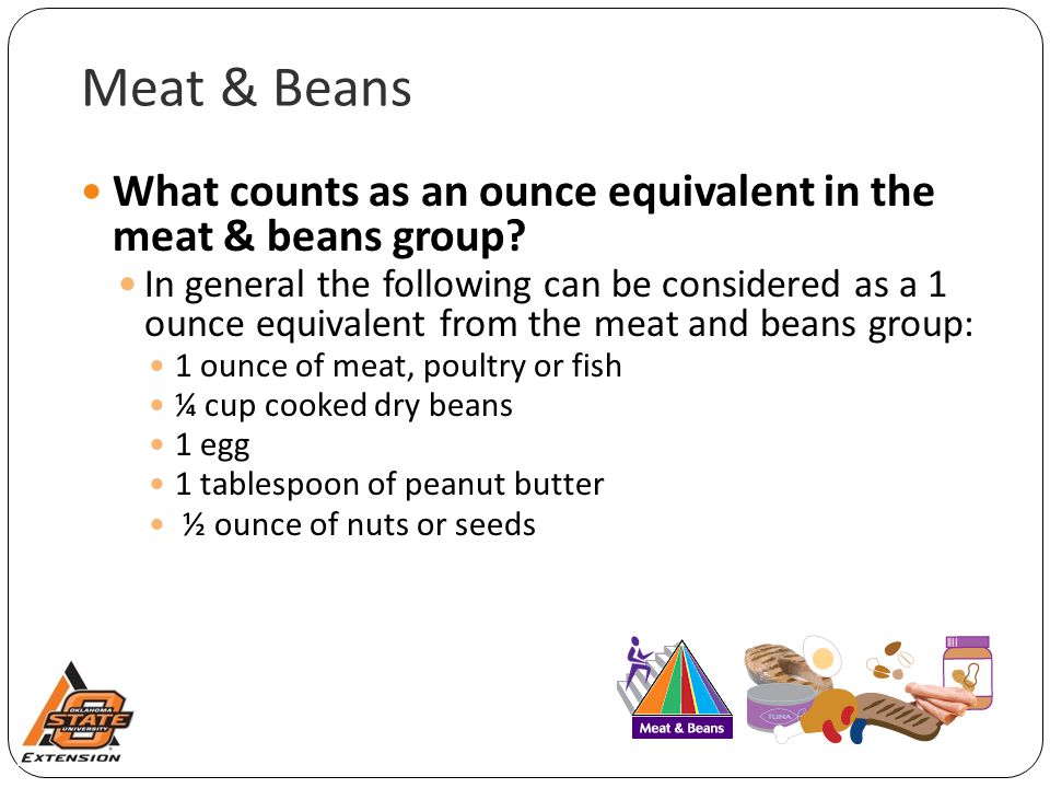 Meat & Beans What counts as an ounce equivalent in the meat & beans group.