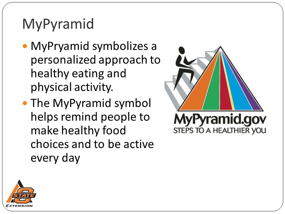 MyPyramid MyPryamid symbolizes a personalized approach to healthy eating and physical activity.