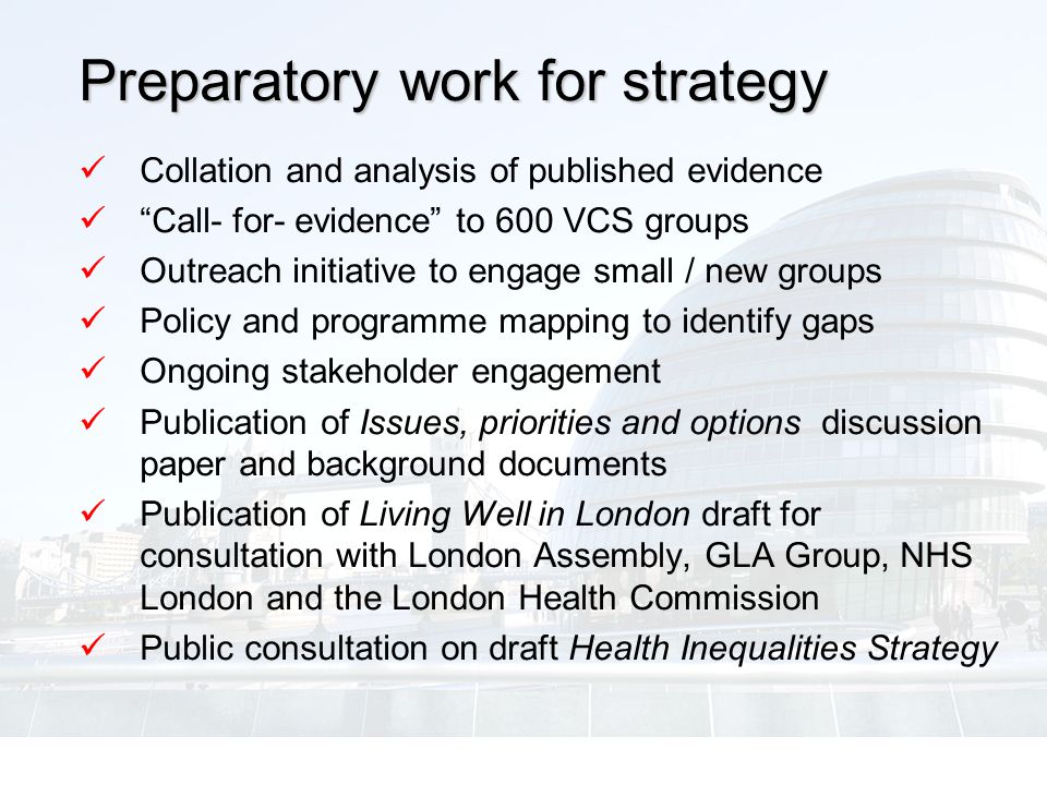 Preparatory work for strategy Collation and analysis of published evidence Call- for- evidence to 600 VCS groups Outreach initiative to engage small / new groups Policy and programme mapping to identify gaps Ongoing stakeholder engagement Publication of Issues, priorities and options discussion paper and background documents Publication of Living Well in London draft for consultation with London Assembly, GLA Group, NHS London and the London Health Commission Public consultation on draft Health Inequalities Strategy