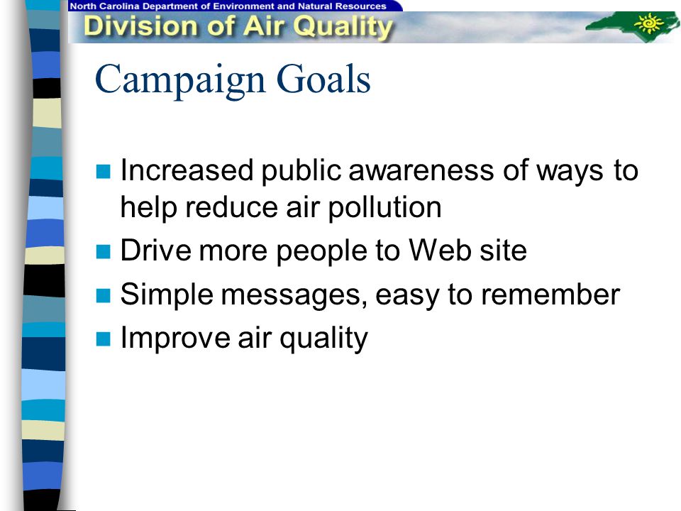 Campaign Goals Increased public awareness of ways to help reduce air pollution Drive more people to Web site Simple messages, easy to remember Improve air quality