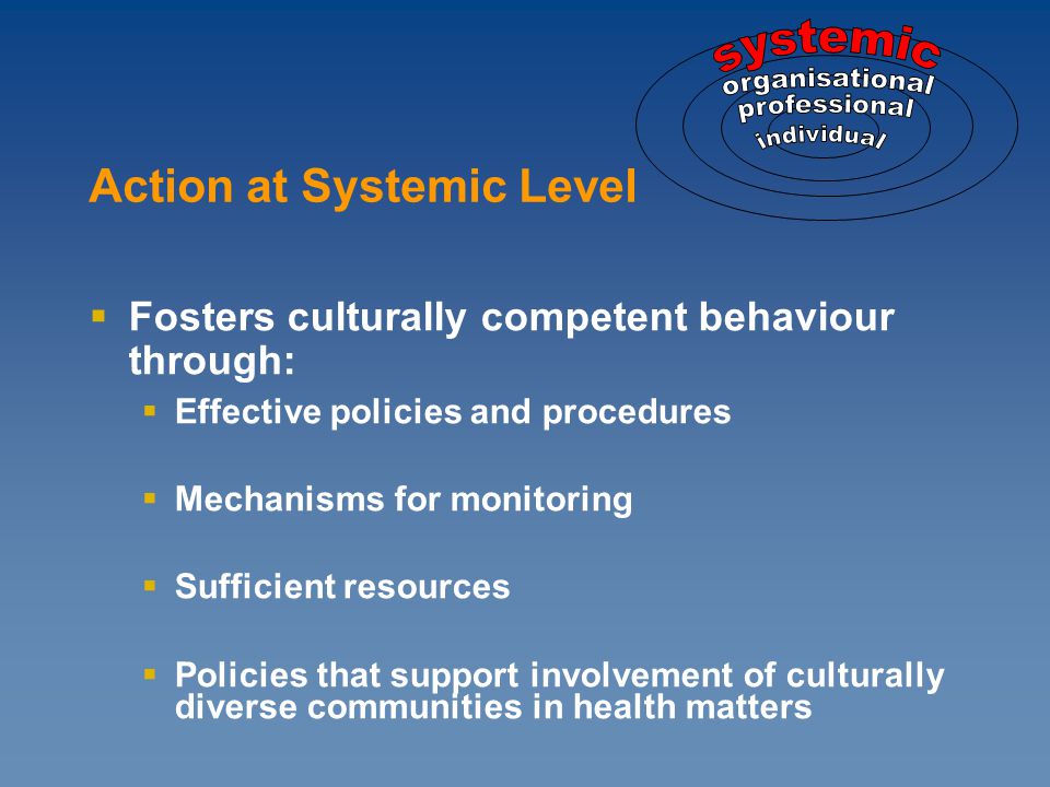  Fosters culturally competent behaviour through:  Effective policies and procedures  Mechanisms for monitoring  Sufficient resources  Policies that support involvement of culturally diverse communities in health matters Action at Systemic Level
