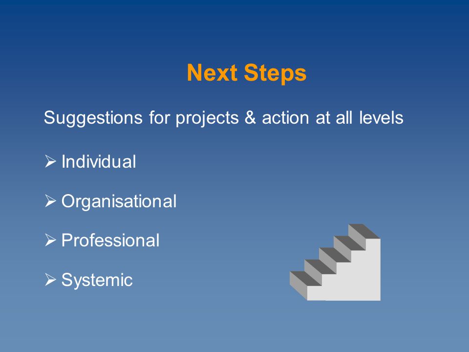 Suggestions for projects & action at all levels  Individual  Organisational  Professional  Systemic Next Steps