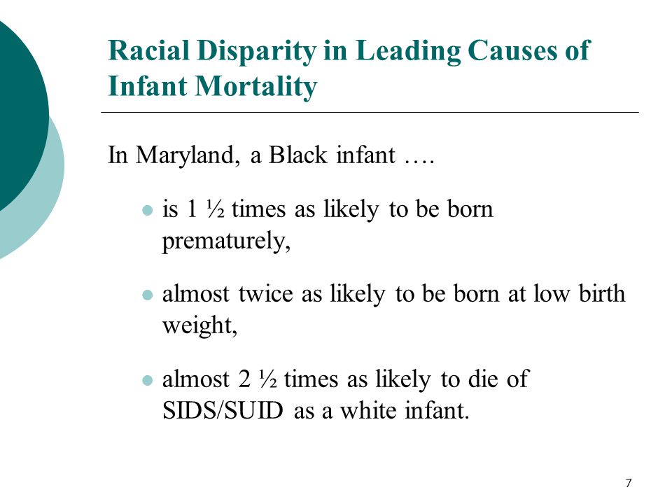 7 Racial Disparity in Leading Causes of Infant Mortality In Maryland, a Black infant ….