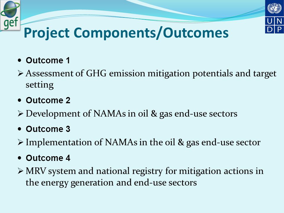 Project Components/Outcomes Outcome 1  Assessment of GHG emission mitigation potentials and target setting Outcome 2  Development of NAMAs in oil & gas end-use sectors Outcome 3  Implementation of NAMAs in the oil & gas end-use sector Outcome 4  MRV system and national registry for mitigation actions in the energy generation and end-use sectors
