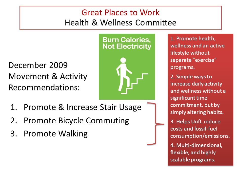 December 2009 Movement & Activity Recommendations: 1.Promote & Increase Stair Usage 2.Promote Bicycle Commuting 3.Promote Walking Great Places to Work Health & Wellness Committee 1.