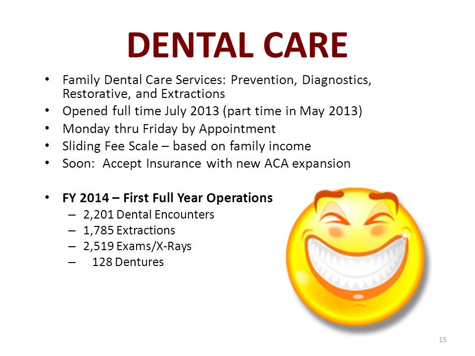 DENTAL CARE Family Dental Care Services: Prevention, Diagnostics, Restorative, and Extractions Opened full time July 2013 (part time in May 2013) Monday thru Friday by Appointment Sliding Fee Scale – based on family income Soon: Accept Insurance with new ACA expansion FY 2014 – First Full Year Operations – 2,201 Dental Encounters – 1,785 Extractions – 2,519 Exams/X-Rays – 128 Dentures 15
