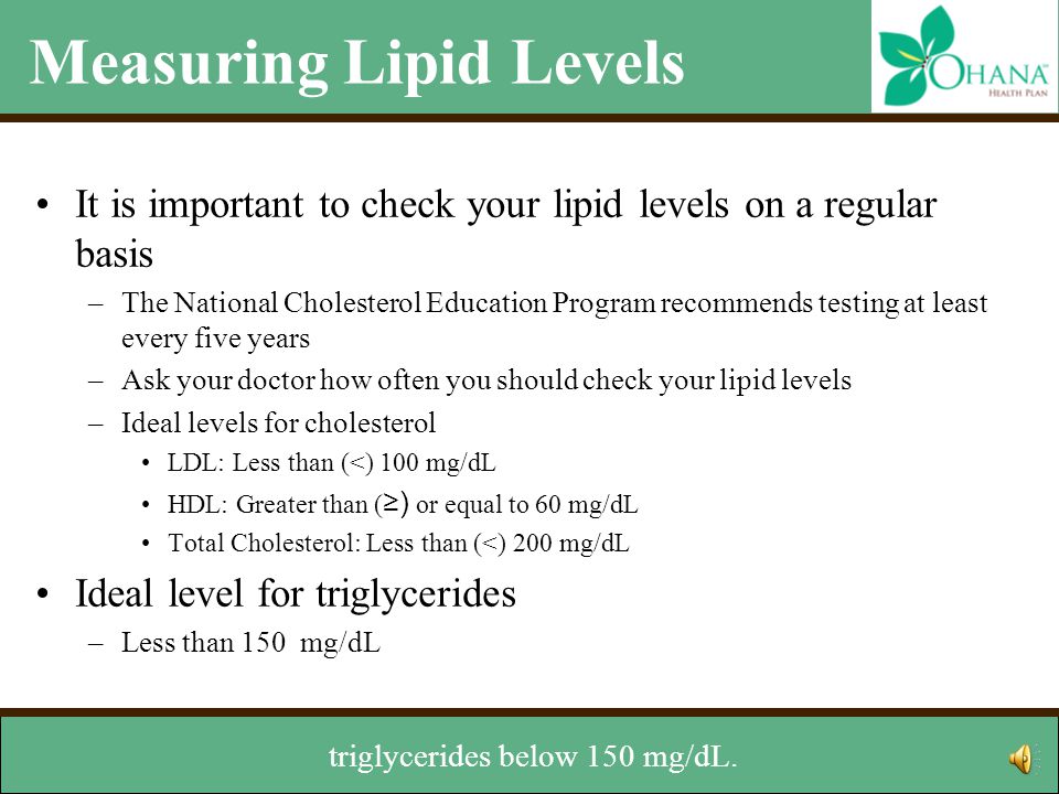 Measuring Lipid Levels It is important to check your lipid levels on a regular basis –The National Cholesterol Education Program recommends testing at least every five years –Ask your doctor how often you should check your lipid levels –Ideal levels for cholesterol LDL: Less than (<) 100 mg/dL HDL: Greater than ( ≥) or equal to 60 mg/dL Total Cholesterol: Less than (<) 200 mg/dL Ideal level for triglycerides –Less than 150 mg/dL The National Cholesterol Education Program recommends