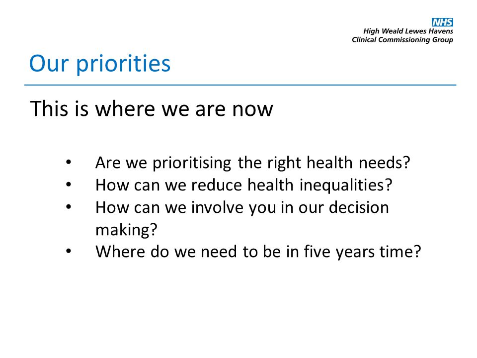 Our priorities This is where we are now Are we prioritising the right health needs.