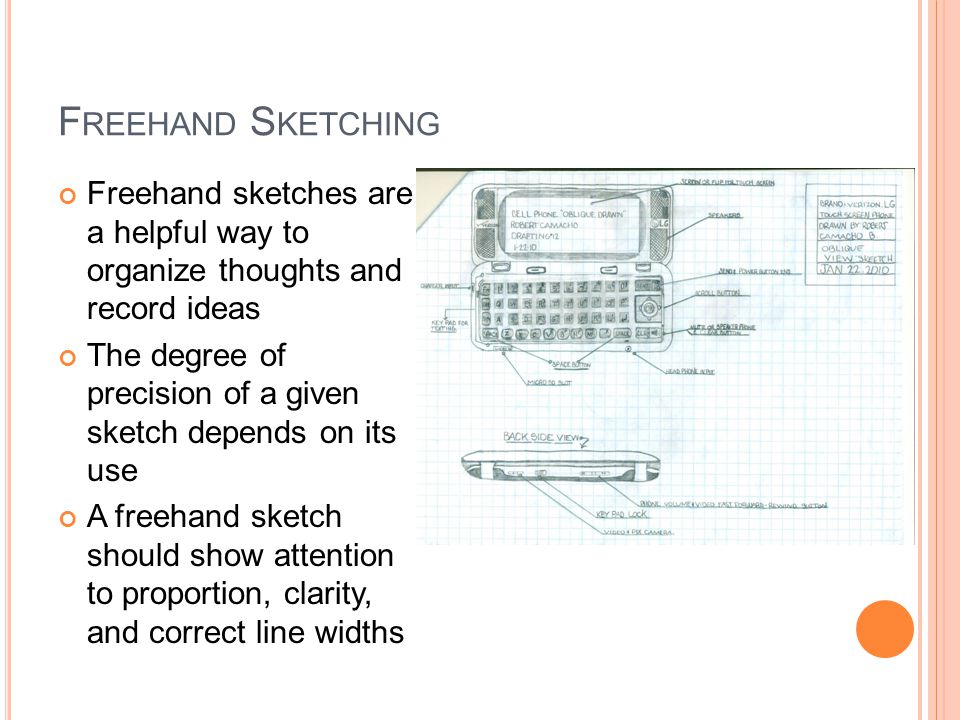 F REEHAND S KETCHING Freehand sketches are a helpful way to organize thoughts and record ideas The degree of precision of a given sketch depends on its use A freehand sketch should show attention to proportion, clarity, and correct line widths