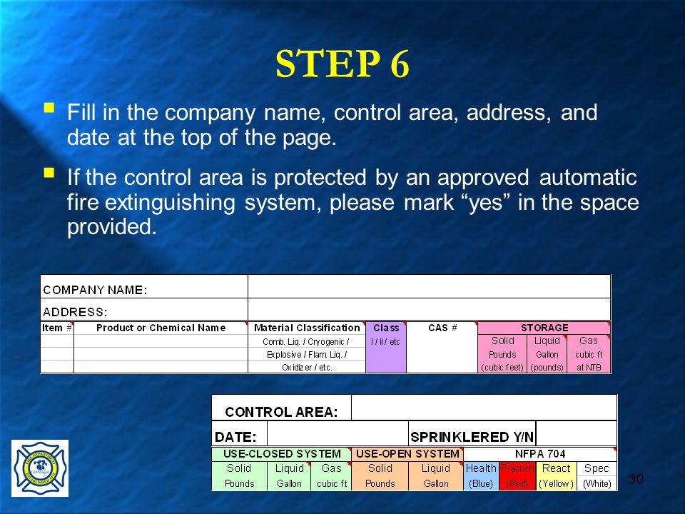 30 STEP 6  Fill in the company name, control area, address, and date at the top of the page.