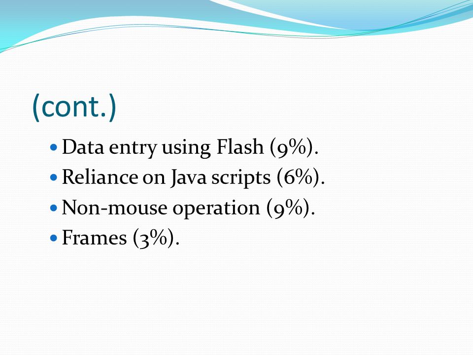 (cont.) Data entry using Flash (9%). Reliance on Java scripts (6%).
