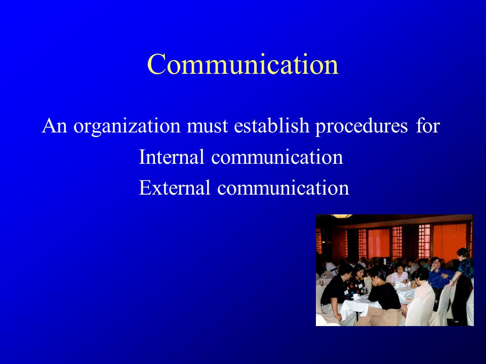Communication An organization must establish procedures for Internal communication External communication