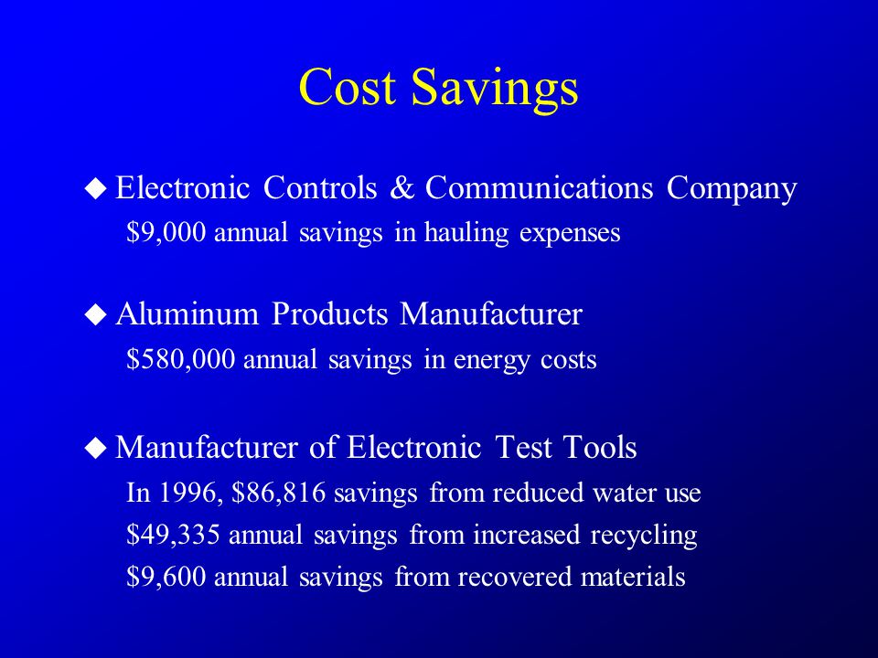 Cost Savings  Electronic Controls & Communications Company $9,000 annual savings in hauling expenses  Aluminum Products Manufacturer $580,000 annual savings in energy costs  Manufacturer of Electronic Test Tools In 1996, $86,816 savings from reduced water use $49,335 annual savings from increased recycling $9,600 annual savings from recovered materials