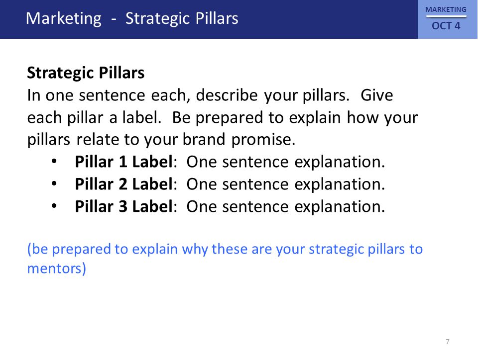 MARKETING OCT 4 Marketing - Strategic Pillars Strategic Pillars In one sentence each, describe your pillars.