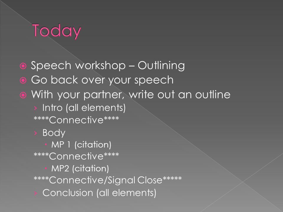  Speech workshop – Outlining  Go back over your speech  With your partner, write out an outline › Intro (all elements) ****Connective**** › Body  MP 1 (citation) ****Connective****  MP2 (citation) ****Connective/Signal Close***** › Conclusion (all elements)