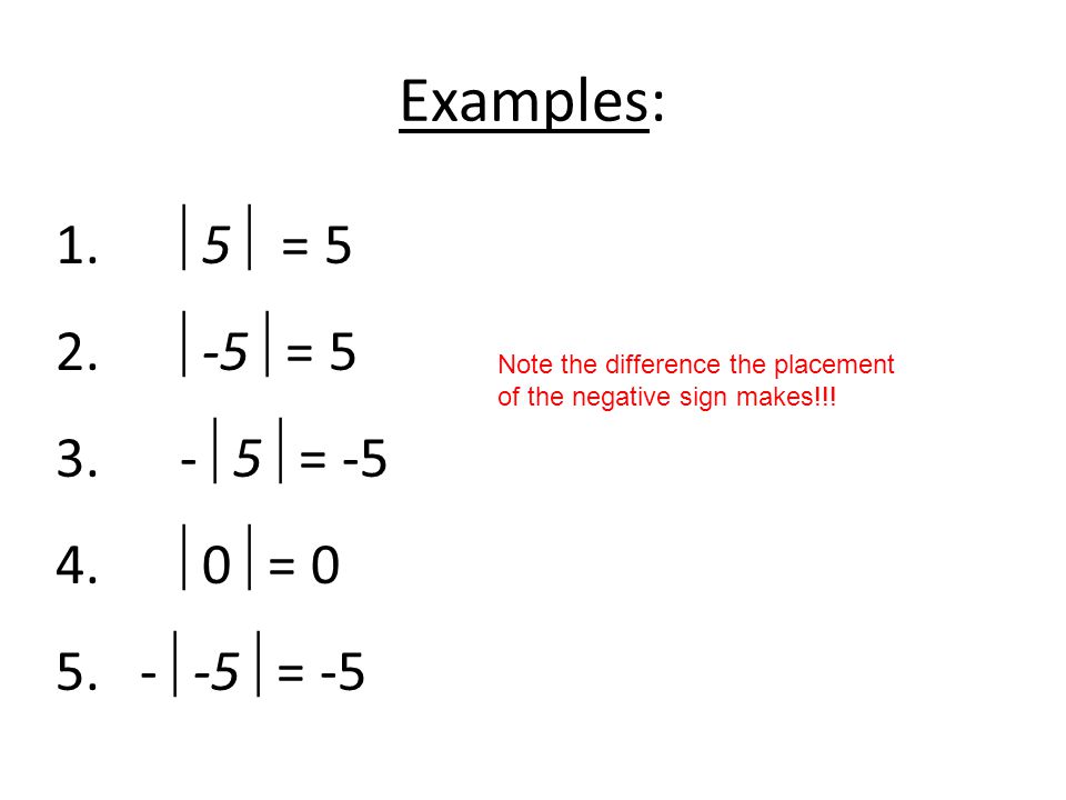 Examples: 1.  5  = 5 2.  -5  =  5  =